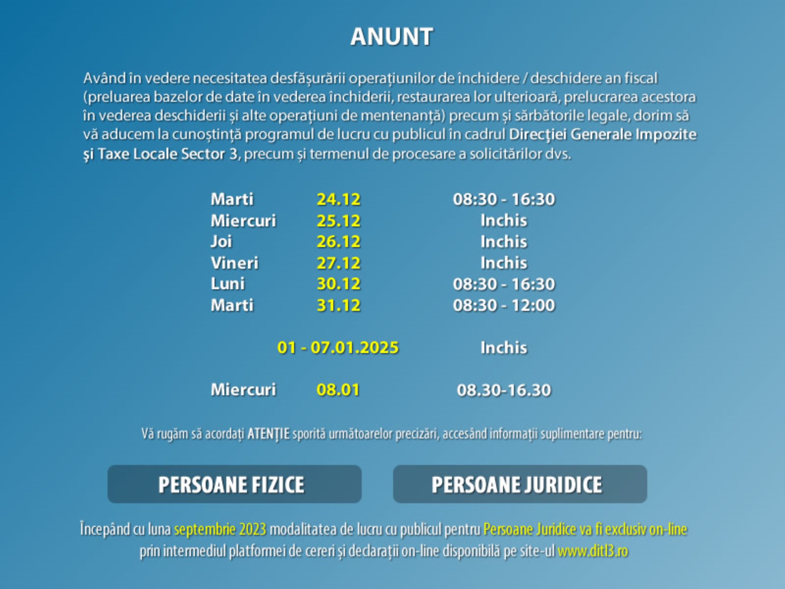 Program de lucru cu publicul, modificat la DGITL Sector 3 la final de an